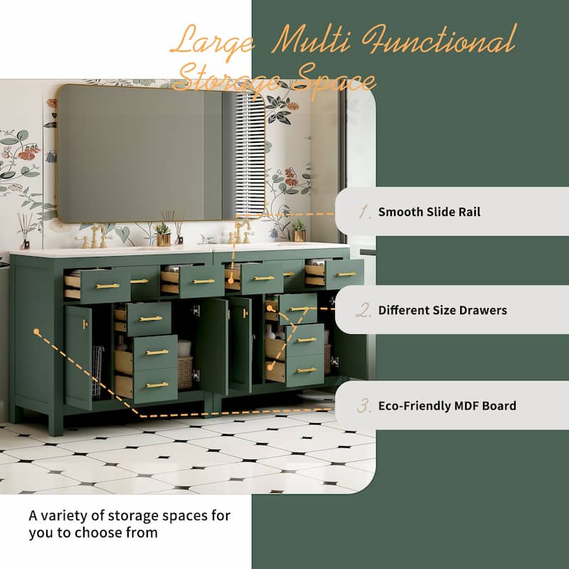 72" Bathroom Vanity with Ceramic Sink, Freestanding Double Cabinet with 8 Drawers, Solid Wood Frame & Storage