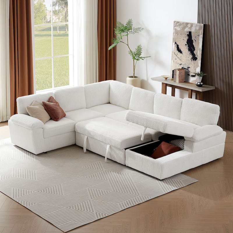 118.09'' Convertible Modular 6 Seater Sectional Sofa with Chaise, Storage and Pull-Out Bed, Versatile L/U Shaped Couch