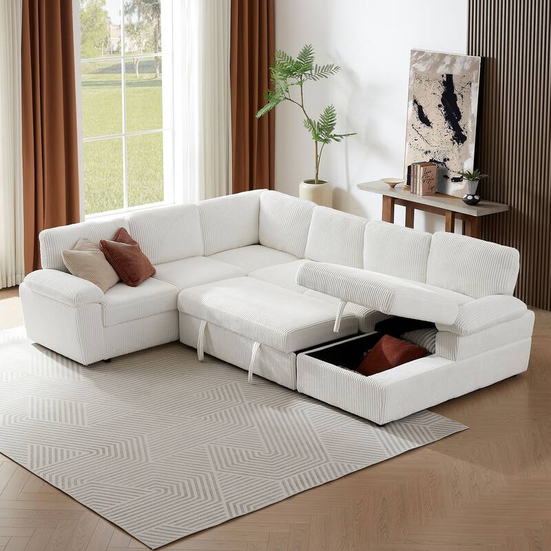 White 118.09'' Flexible Modular 6-Seater Sectional Sofa with Chaise, Pull-Out Bed, and Storage for Comfort and Style