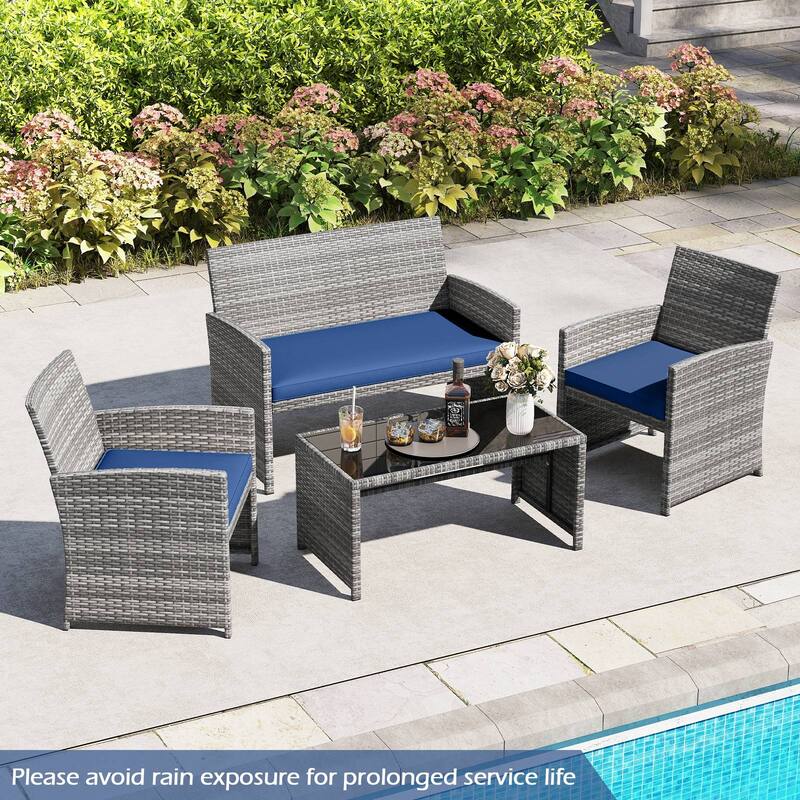 Gymax 4 Piece Patio Furniture Set Outdoor Wicker Conversation Set w/