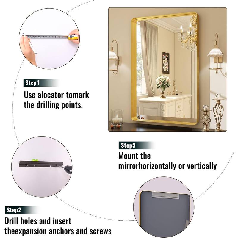 Organnice Rectangular Aluminum Framed Modern Rounded Wall Mount Mirror