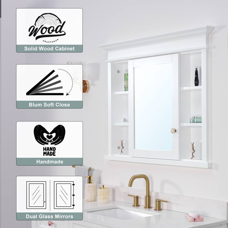 32''H Recessed Mount Solid Wood Framed Medicine Cabinet With Mirror And Shelves
