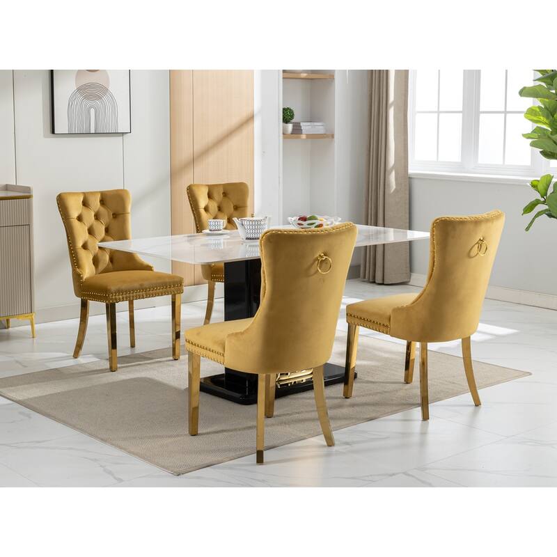 Tufted Solid Wood Velvet Upholstered Dining Chair with Gold Stainless Steel Leg - Gold