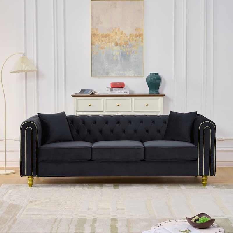 Roomfitters 86" Modern Upholstered Chesterfield Tuxedo Sofa with Gold Trim, Button Back 3-Seater Couch for Living Room - Black