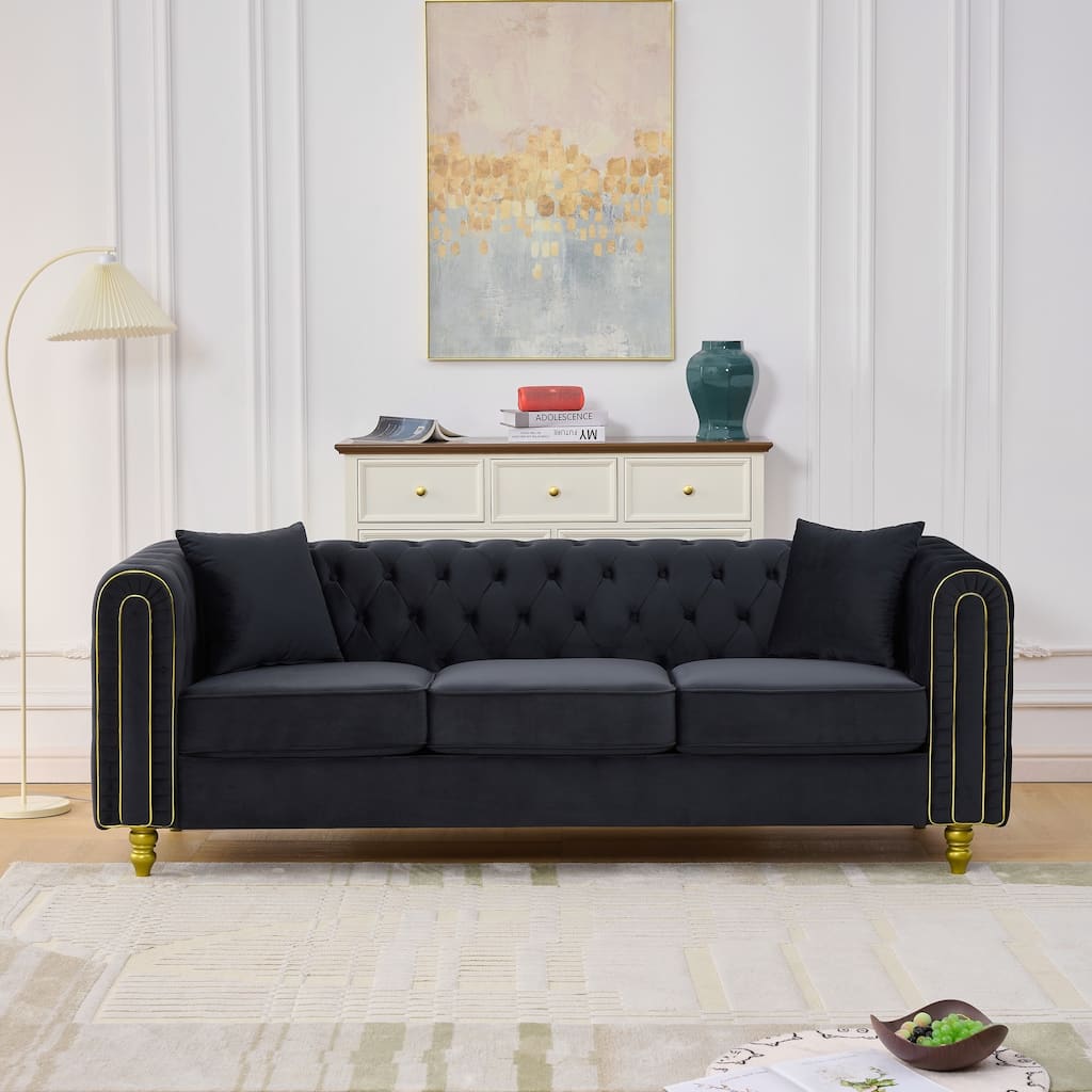 Roomfitters 86" Modern Upholstered Chesterfield Tuxedo Sofa with Gold Trim, Button Back 3-Seater Couch for Living Room
