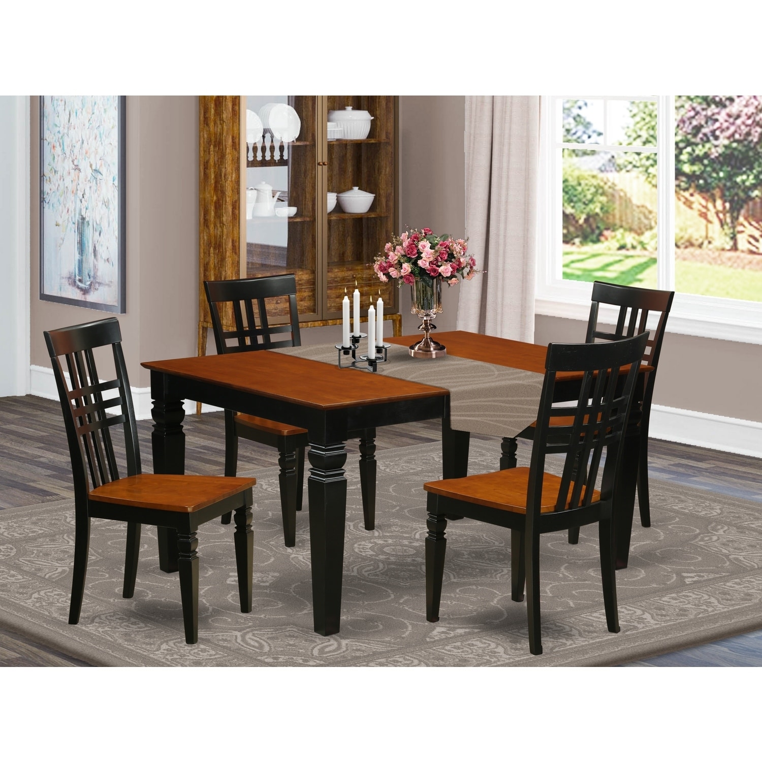 HomeStock 5-Piece Rectangle Black and Cherry Finish Solid Wood Top Dining table with 4 Chairs
