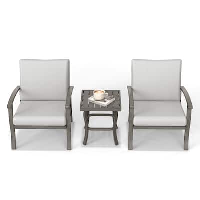 3-Piece Aluminum Patio Bistro Set with End Table, Armchairs and Light Gray Cushions