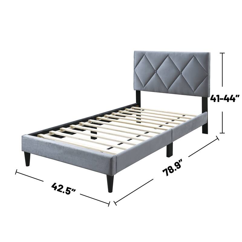 Velvet Upholstered Adjustable Headboard Twin Bed with Tufting Design