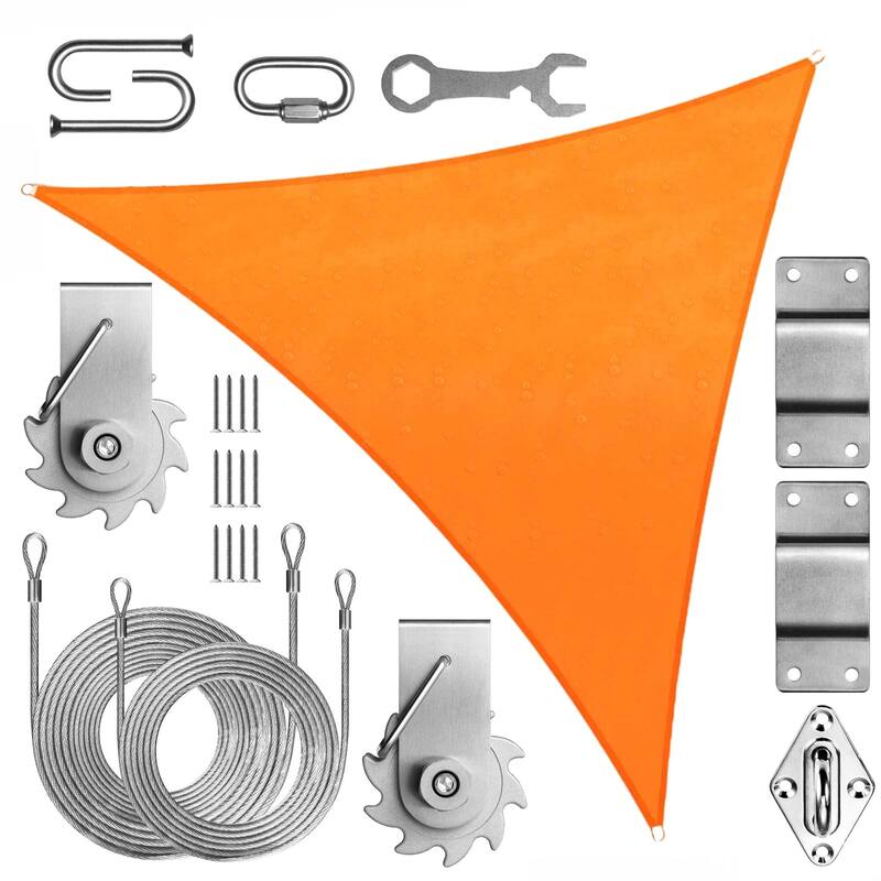 ColourTreeUSA Waterproof Triangle Sun Shade Sail 220 GSM HDPE with Winch Hardware Installation Kit - 12' x 12' x 12' - Orange