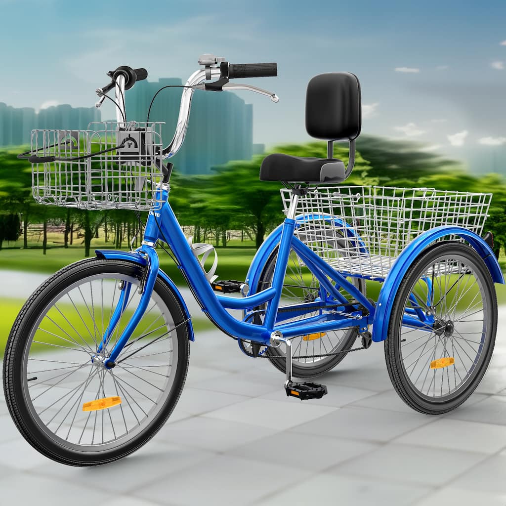 24"/26" Blue Adult Tricycle 7 Speed Trike Bike with Shimano Shifting with Removable Baskets