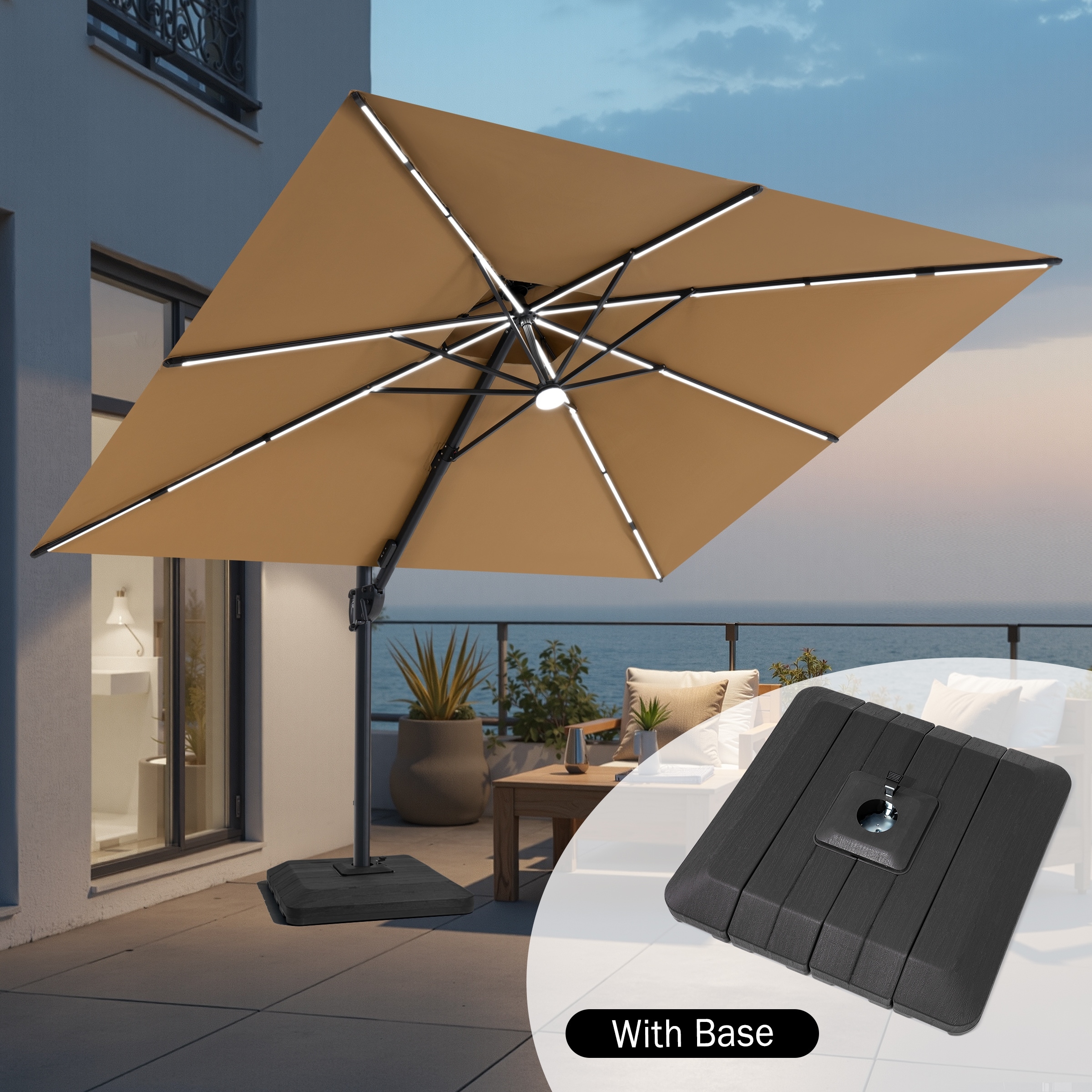 Outdoor 9x11FT Patio Cantilever Umbrella Solar Light Double Top 360 Rotation Tilt with Base
