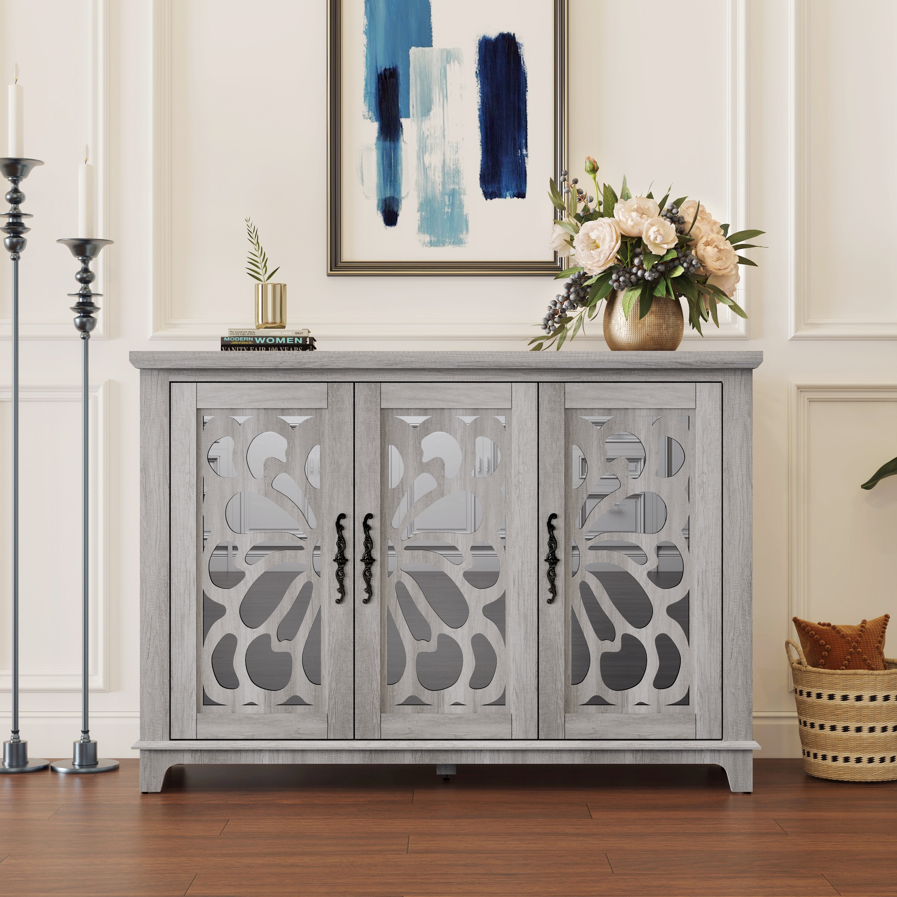 Spacious size countertop Sideboard with 3 mirrored doors adjustable shelves buffet cabinet, storage cabinet for living room