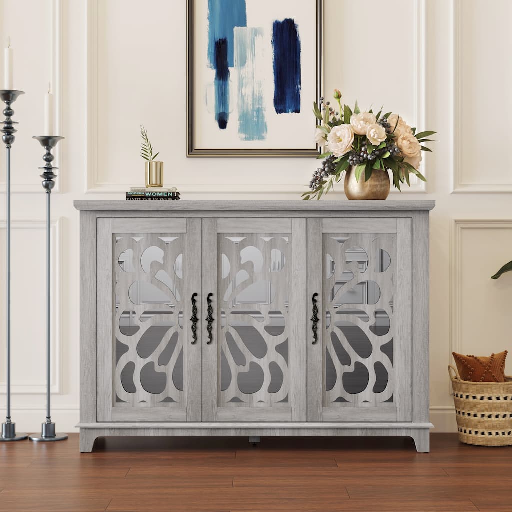 Spacious size countertop Sideboard with 3 mirrored doors adjustable shelves buffet cabinet, storage cabinet for living room