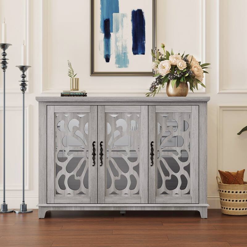 Spacious size countertop Sideboard with 3 mirrored doors adjustable shelves buffet cabinet, storage cabinet for living room - Light Gray
