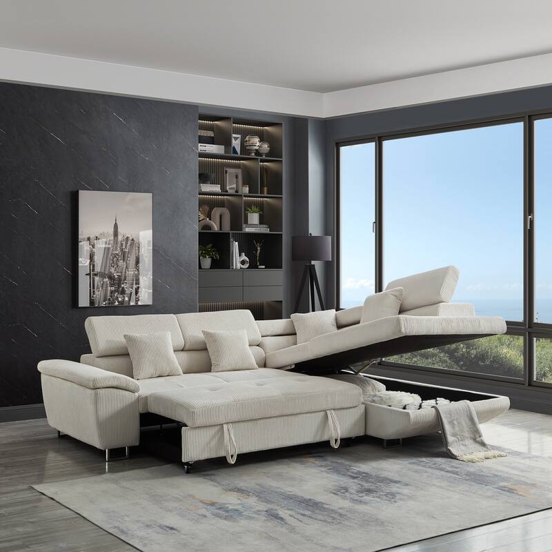 104.3" Pull Out Corduroy Sofa Bed with Storage Chaise