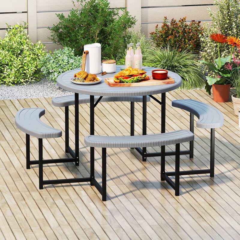HDPE Round Picnic Table Set with 4 Benches and Umbrella Hole Perfect for Patio or Balcony - Grey