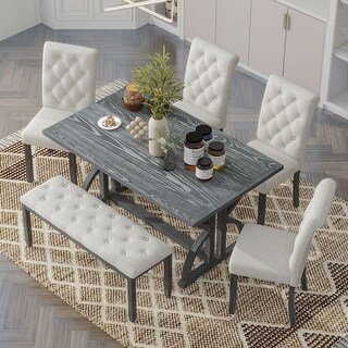 Rectangular 6-Piece Wood Dining Table Set w/Ergonomic Chairs & Bench ...