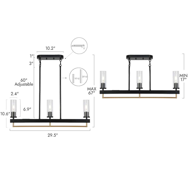 Modern Tradition 3-Light Chandelier Black Gold Kitchen Island Light Fixture with Clear Glass Shades for Dining Room - N/A