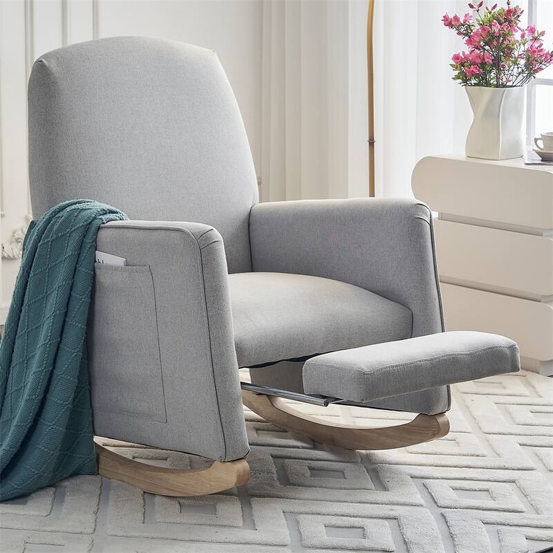 Cotton Linen Fabric Rocking Chair With Adjustable Footrest