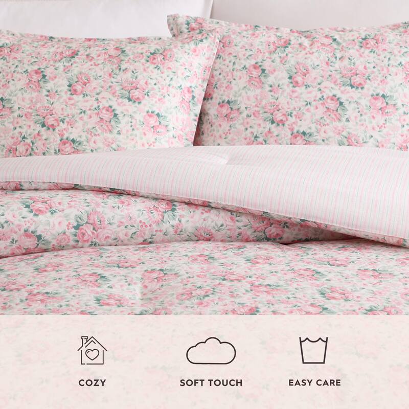Laura Ashley Pamela's Posies Floral Reversible Stripe Breathable Cotton Comforter Set (Pink)