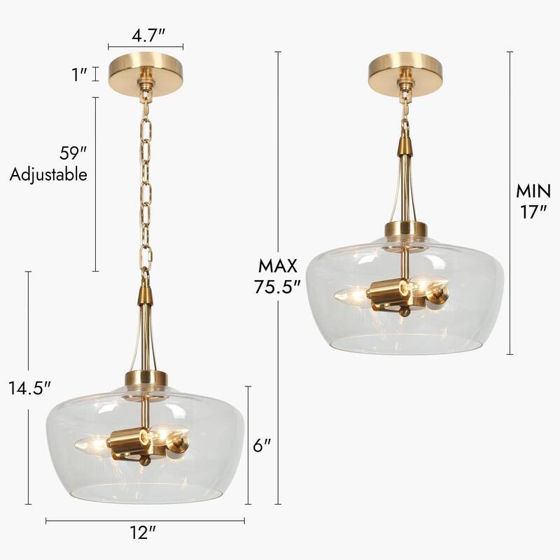 Mid-Century Modern 3-Light Gold Chandelier Clear Glass Pendant Lights for Dining Room