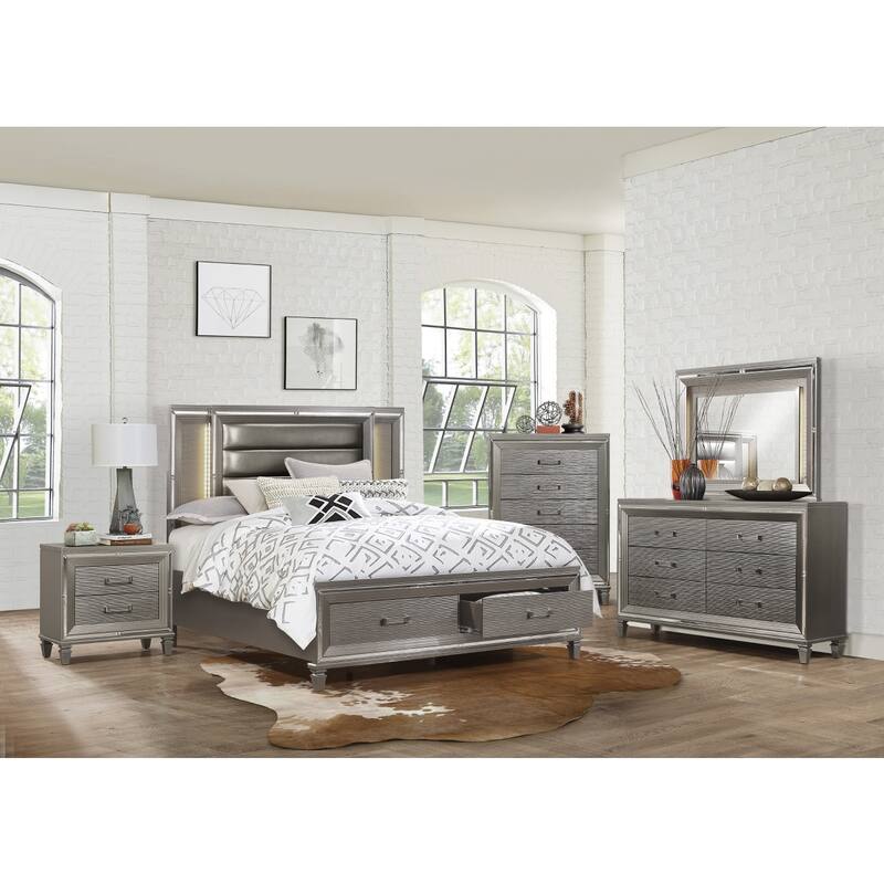 Rosalinda Silver Gray LED Faux Leather Upholstered Storage Platform Bed