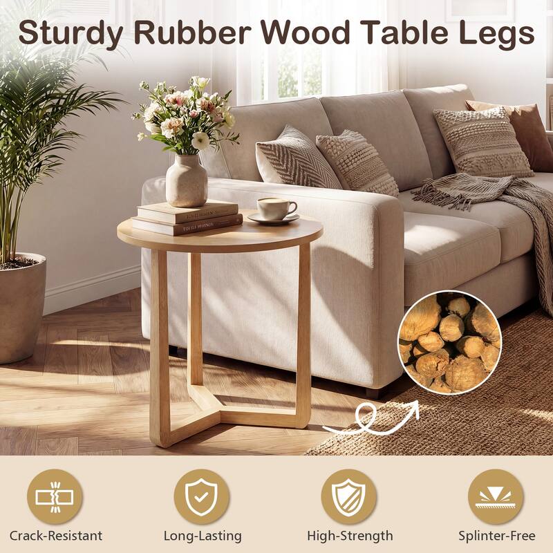 Gymax Round Side Table w/Sturdy Rubber Wood Legs & Triangular