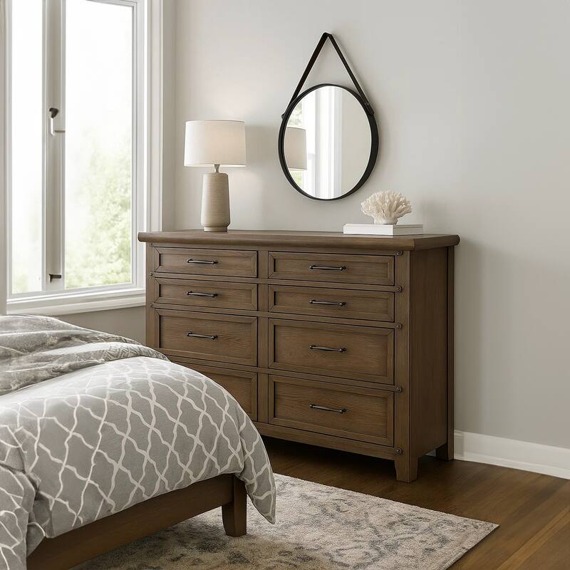 Merry Wide Dresser, 8 Drawers, Brown Solid Wood, Bronze Metal
