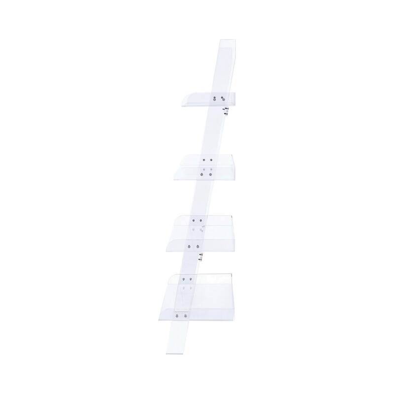 72 Inch Modern Ladder Bookcase, 4 Shelves, 3 Tray Edges, Clear Acrylic
