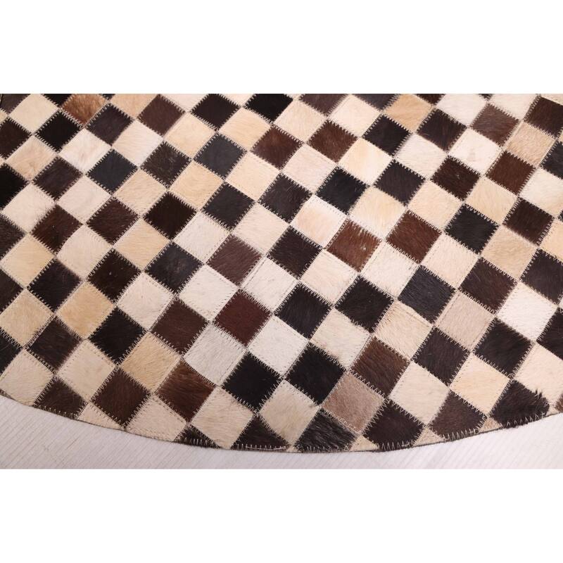ECARPETGALLERY Handmade Cowhide Patchwork Dark Brown, Ivory Leather Rug - 5'1 x 5'1