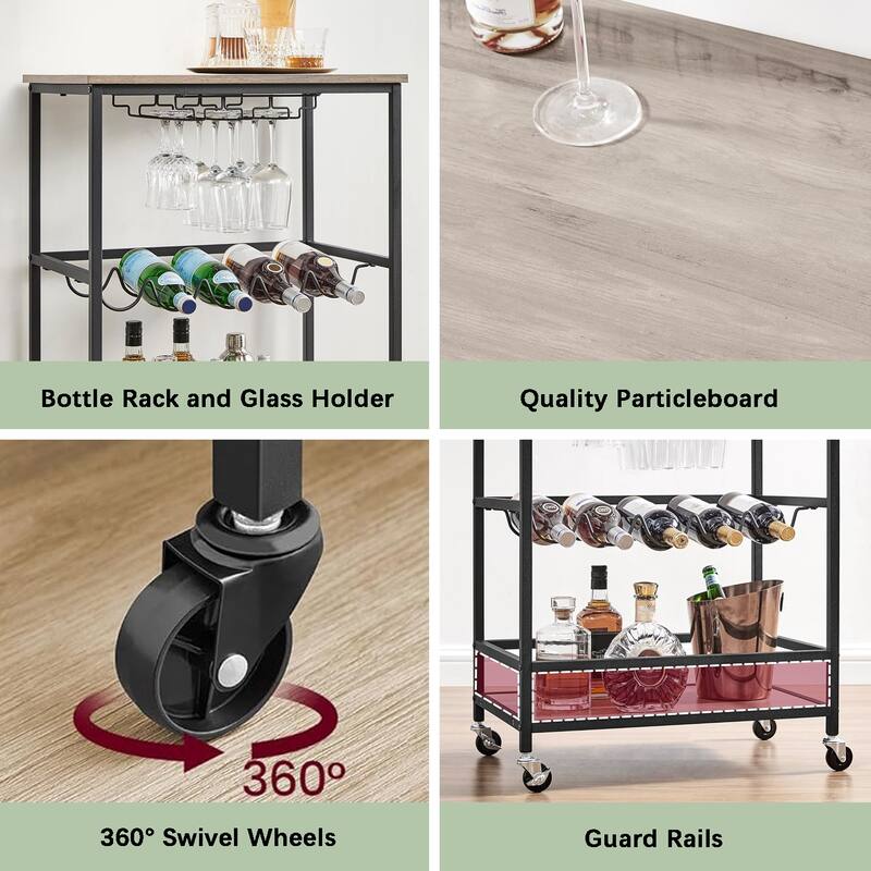 Industrial Bar Serving Cart with Casters, Glass Holders, Wine Holders