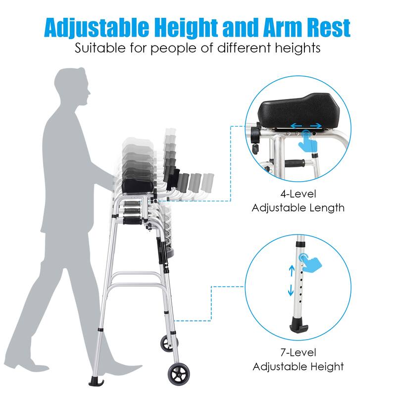 Costway Folding Wheel Walking Frame Adjustable Alloy Walker W/Armrest - See Details