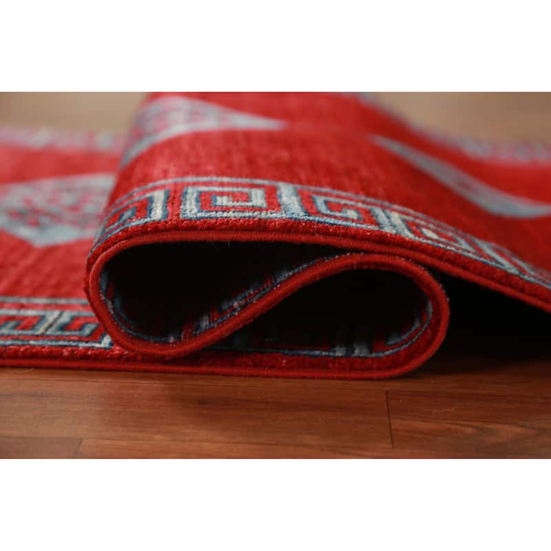 Hand Knotted Oriental 100% Wool Carpet Traditional Geometric Red Kazak Runner Rug - 14' 10'' X 2' 7''
