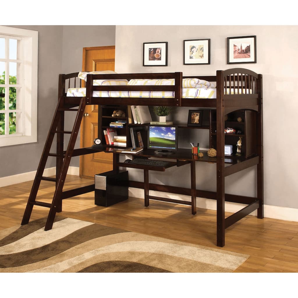 Fila Modern Espresso Twin Wood Loft Bed with Workstation by Furniture of America