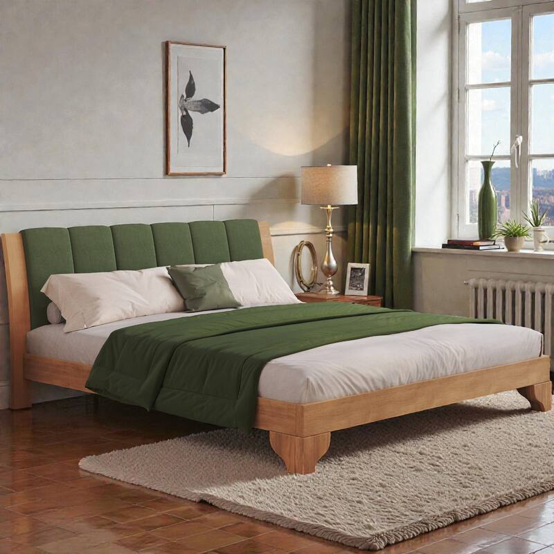 Premium Pine Wood Queen/King Bed Frame with Headboard, Mid Century Modern Platform Bed, Sturdy MDF Construction - Natural Green - King