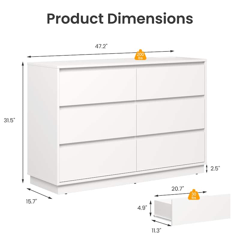 47" Wide 6 Drawer Dresser for Bedroom with Charging Station