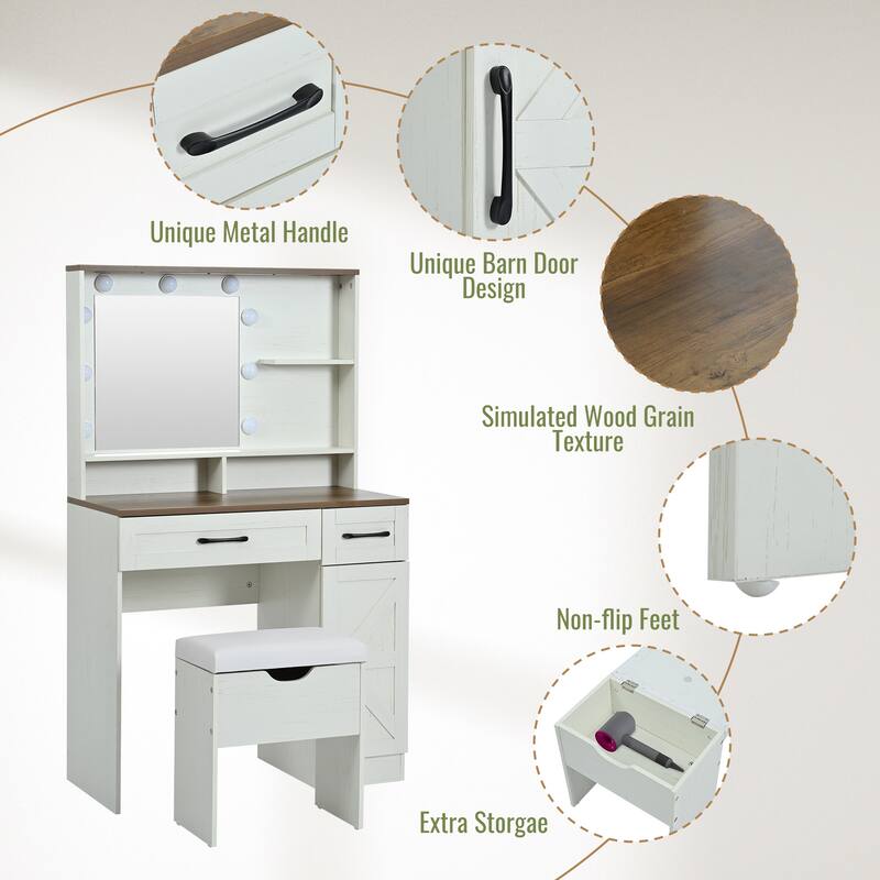 Vanity Set with Stool, Dressing Table with Adjustable Shelves,3 Lighting Modes，2 Drawers and Side Cabinet , White