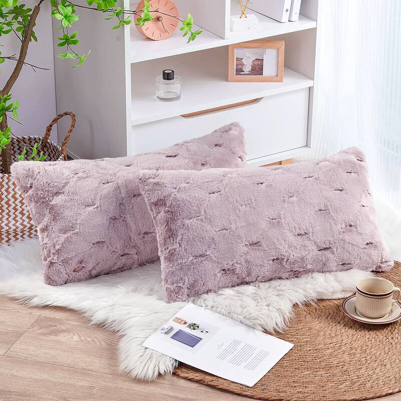 Serenta JacquardRabbit FauxFur Pillow Cover 2 Piece, NO INSERT - 14'' x 26'' - Pink