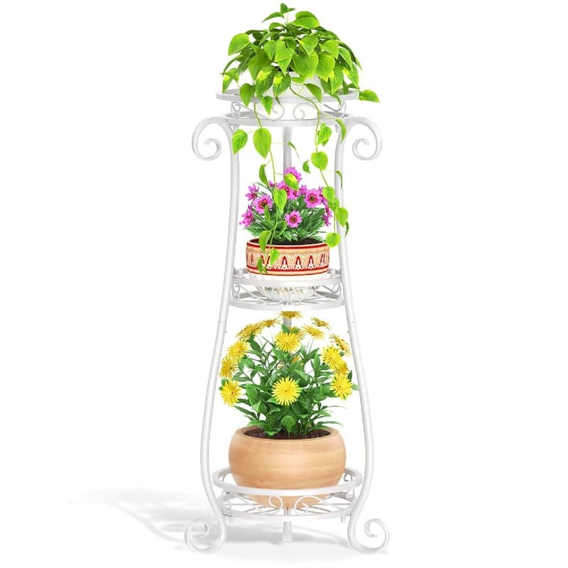 3 Tier Black Metal Plant Stand - 14"D x 14"W x 34"H - White