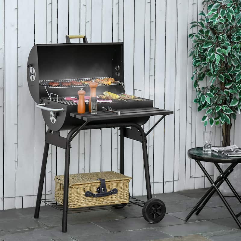 Outsunny 30" Portable Charcoal BBQ Grill Carbon Steel Outdoor Barbecue with Adjustable Charcoal Rack, Storage Shelf, Wheel - Black