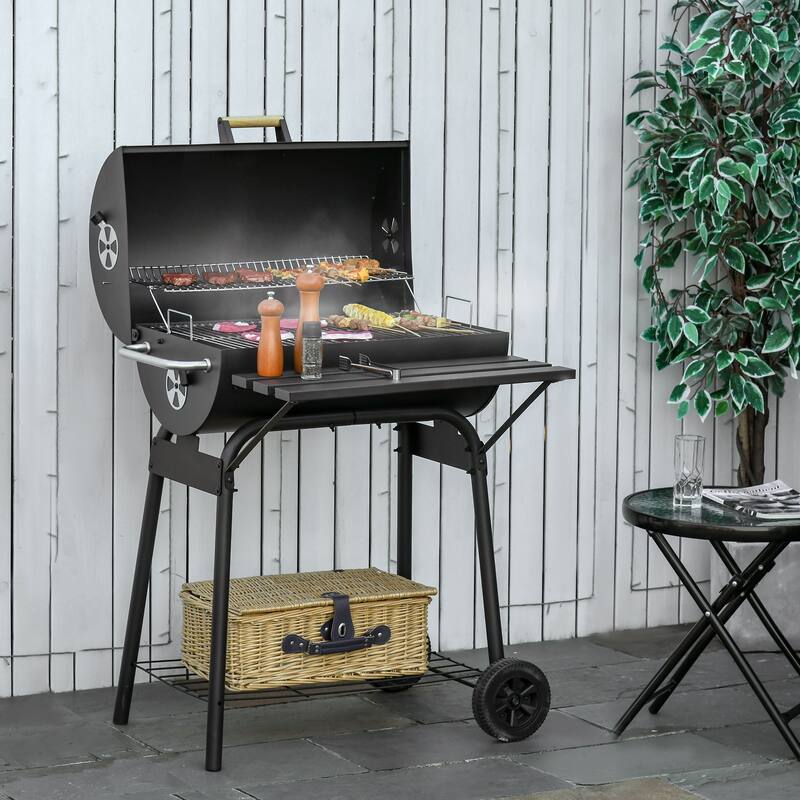 Portable Barrel Charcoal BBQ Grill, Steel Outdoor Barbecue Smoker with Storage Shelf Wheels, for Garden Camping Picnic