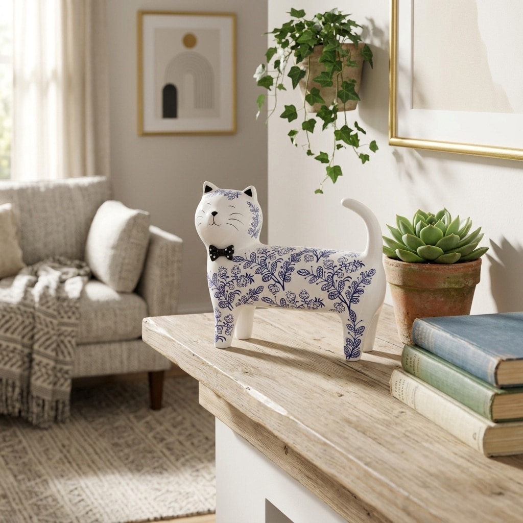 Decorative Floral Ceramic Cat Figurine Sculpture with Bowtie