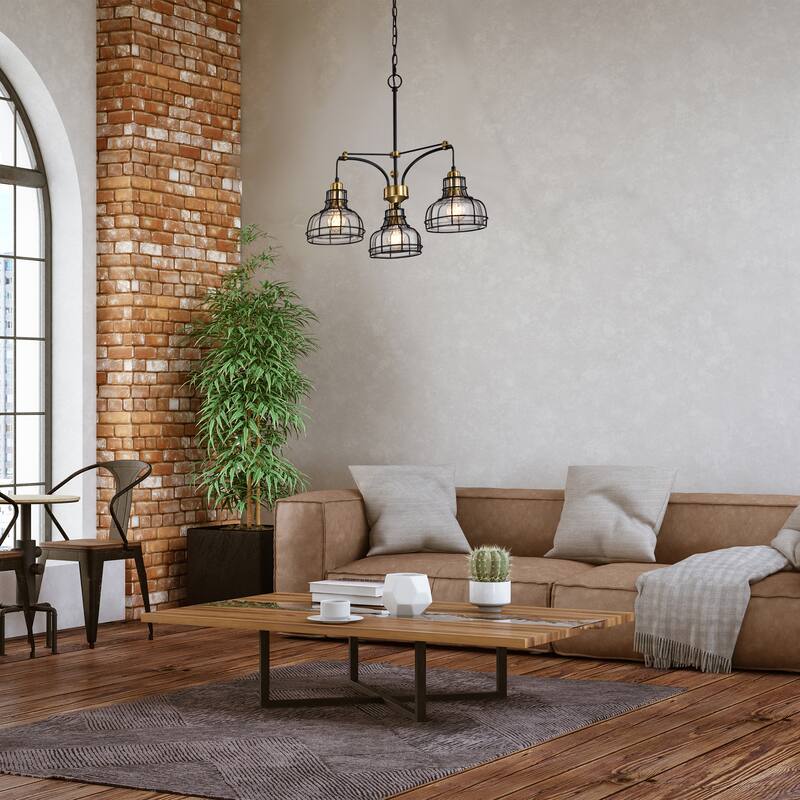 Black and Antique Gold 3-Light Chandelier with Clear Glass Shade
