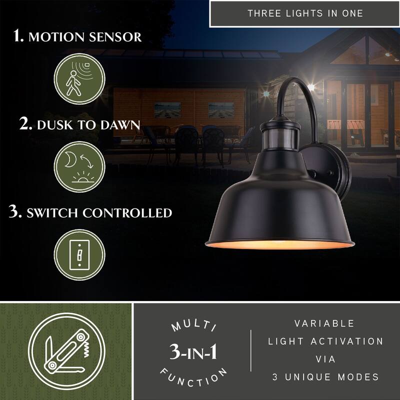 Cody Dark Bronze Motion Sensor Dusk to Dawn Outdoor Wall Light Farmhouse Metal Shade - 9.25-in W x 11.25-in H x 10.5-in D