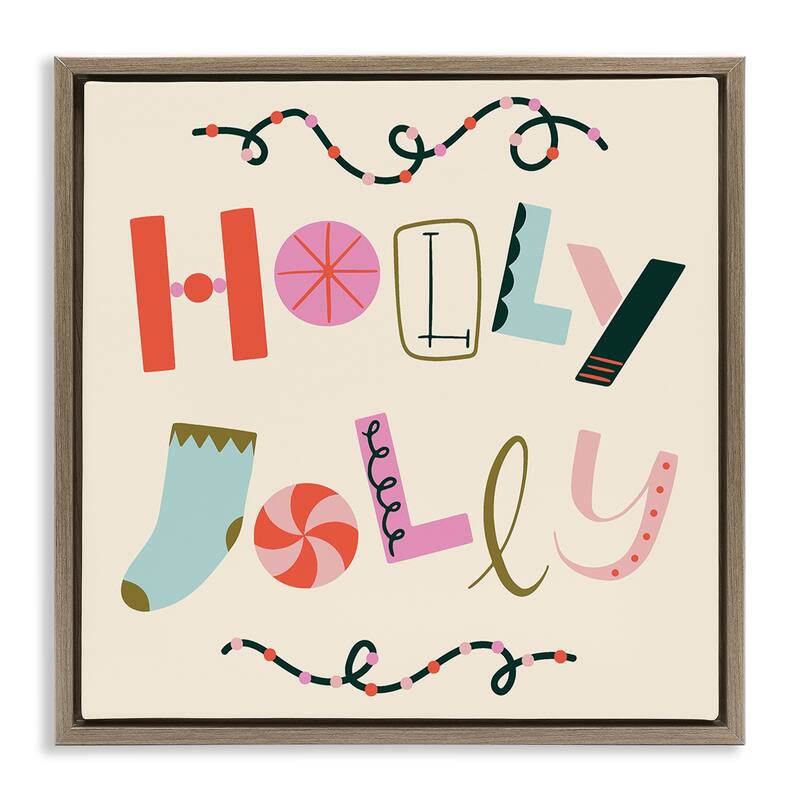 Stupell Holly Jolly Eclectic Holiday Framed Floater Canvas Wall Art Design By Sazerelli Designs - 18 x 18 - Brown