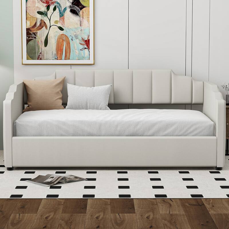 Modern Twin Size Platform Bed Frame with Underneath Storage and Wood Slatted Support Upholstered Daybed, Beige