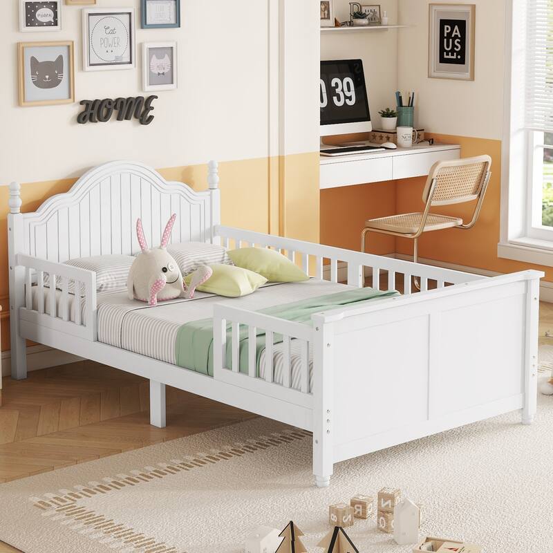 Twin Size Bed For Kids, Wood Twin Platform Bed with Headboard and Footboard, White