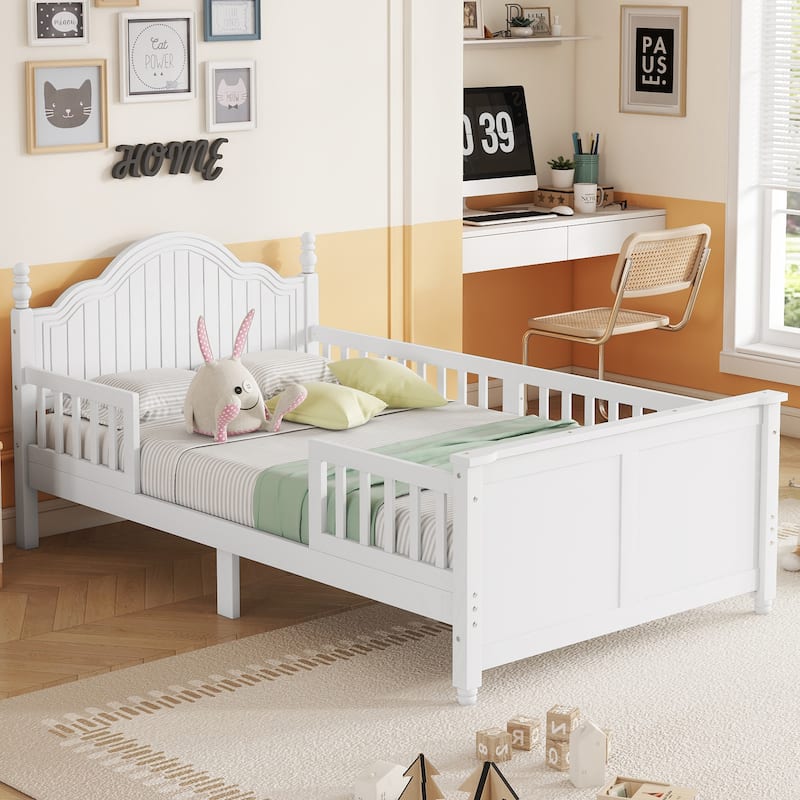 White Twin Size Wood Platform Bed with Headboard, Footboard, and Safety Guardrails for Kids - White