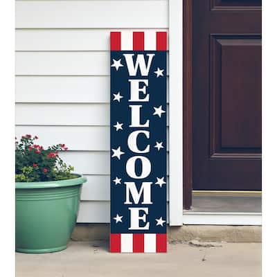 HomeRoots 36" Red White And Blue Solid Wood Patriotic Welcome Porch Sign