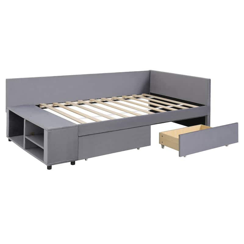 Twin L-Shaped Velvet Upholstered Platform Bed with Storage Cabinet and Drawers, Space-Saving Design